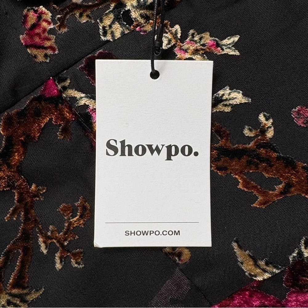 NWT SHOWPO Jessell Flocked Velvet Midi Dress US Size 14 Strapless Black Floral - Picture 12 of 13